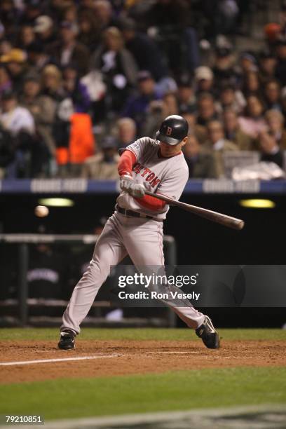 Drew of the Boston Red Sox bats during Game Three of the World Series against the Colorado Rockies at Coors Field in Denver, Colorado on October 27,...