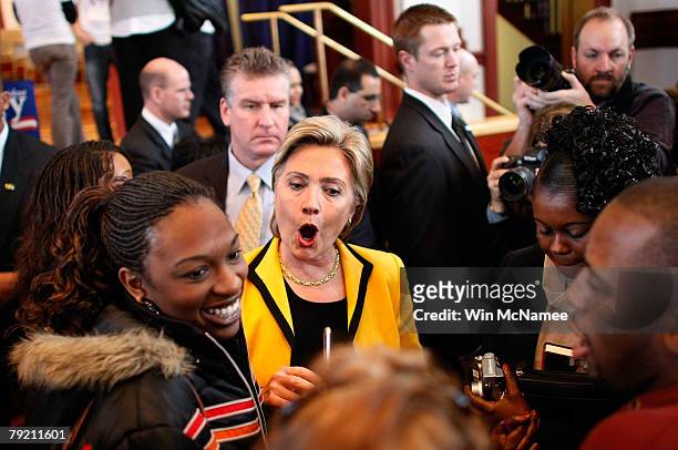 Democratic presidential candidate Sen. Hillary Clinton greets supporters following a campaign event at Benedict College January 25, 2008 in Columbia,...