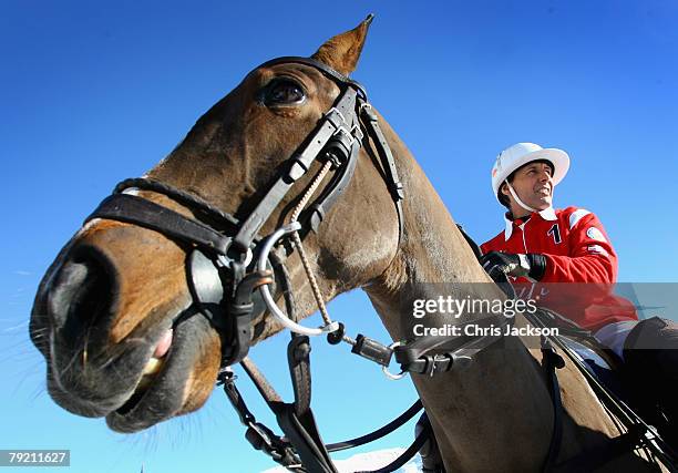 Adriano Agosti of Team Cartier mounts his pony on the second day of the 24th Cartier Polo World Cup on Snow on January 25, 2008 in St Moritz,...