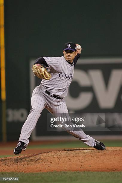 Brian Fuentes of the Colorado Rockies pitches during Game Two of the World Series against the Boston Red Sox at Fenway Park in Boston, Massachusetts...
