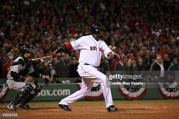David Ortiz of the Boston Red Sox bats during Game Two of the World Series against the Colorado Rockies at Fenway Park in Boston, Massachusetts on...