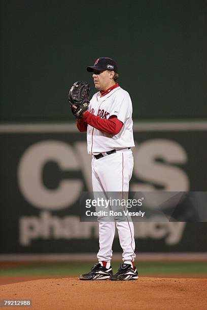 Curt Schilling of the Boston Red Sox prepares to pitch during Game Two of the World Series against the Colorado Rockies at Fenway Park in Boston,...