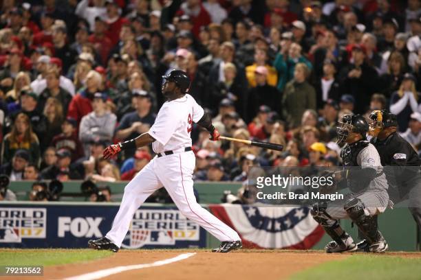 David Ortiz of the Boston Red Sox bats during Game Two of the World Series against the Colorado Rockies at Fenway Park in Boston, Massachusetts on...