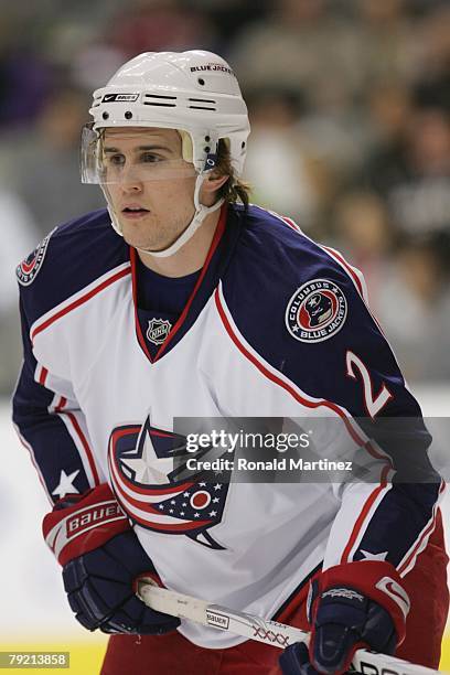 Kris Russell of the Columbus Blue Jackets gets set for play against the Dallas Stars during their NHL game at the American Airlines Center on January...