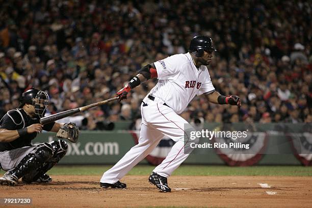 David Ortiz of the Boston Red Sox bats during Game One of the 2007 World Series against the Colorado Rockies on October 24, 2007 at Fenway Park in...