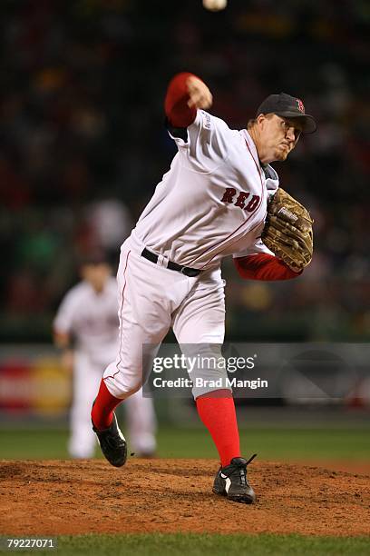 Mike Timlin of the Boston Red Sox pitches during game one of the World Series against the Colorado Rockies at Fenway Park in Boston, Massachusetts on...