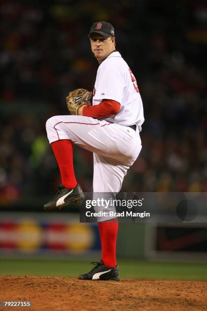 Mike Timlin of the Boston Red Sox pitches during game one of the World Series against the Colorado Rockies at Fenway Park in Boston, Massachusetts on...