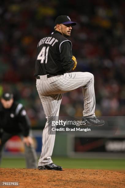 Jeremy Affeldt of the Colorado Rockies prepares to pitch during game one of the World Series against the Boston Red Sox at Fenway Park in Boston,...