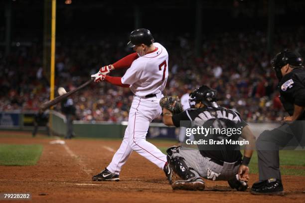 Drew of the Boston Red Sox bats during game one of the World Series against the Colorado Rockies at Fenway Park in Boston, Massachusetts on October...