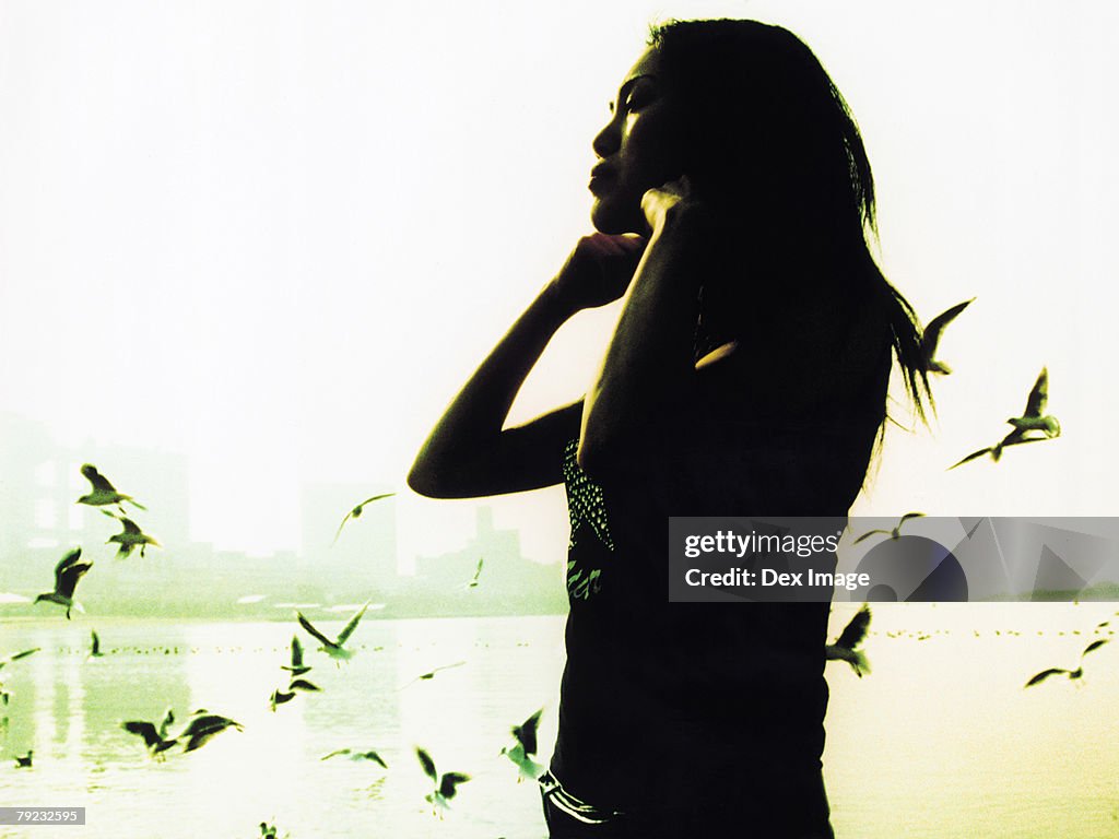 Woman standing on beach, seagulls flying, silhouette