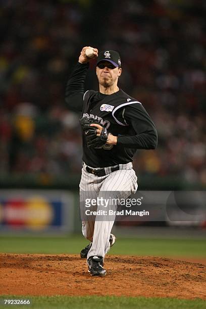 Ryan Speier of the Colorado Rockies pitches during game one of the World Series against the Boston Red Sox at Fenway Park in Boston, Massachusetts on...