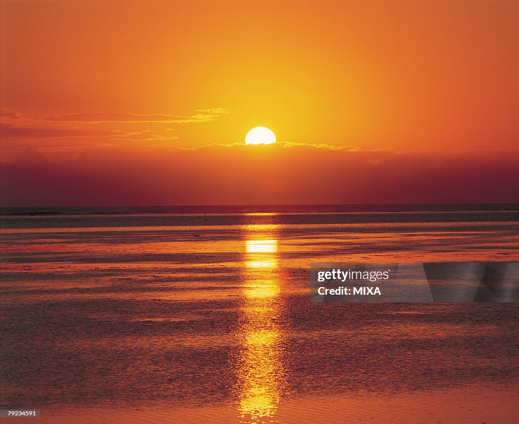 Amazing seascape at sunset in Tahiti