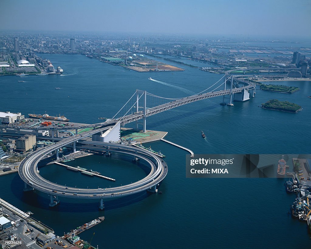 Aerial view, Rainbow Bridge, Tokyo, Japan