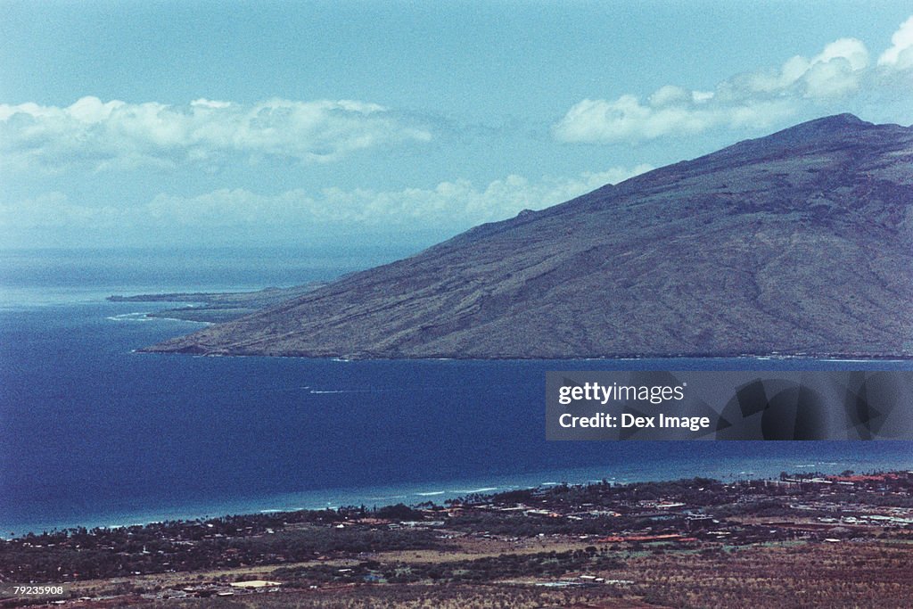 Aerial of the coastline of Maui and surrounding islands.