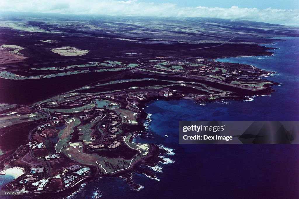 Cityscape coastline of Big Island, Hawaii, aerial view