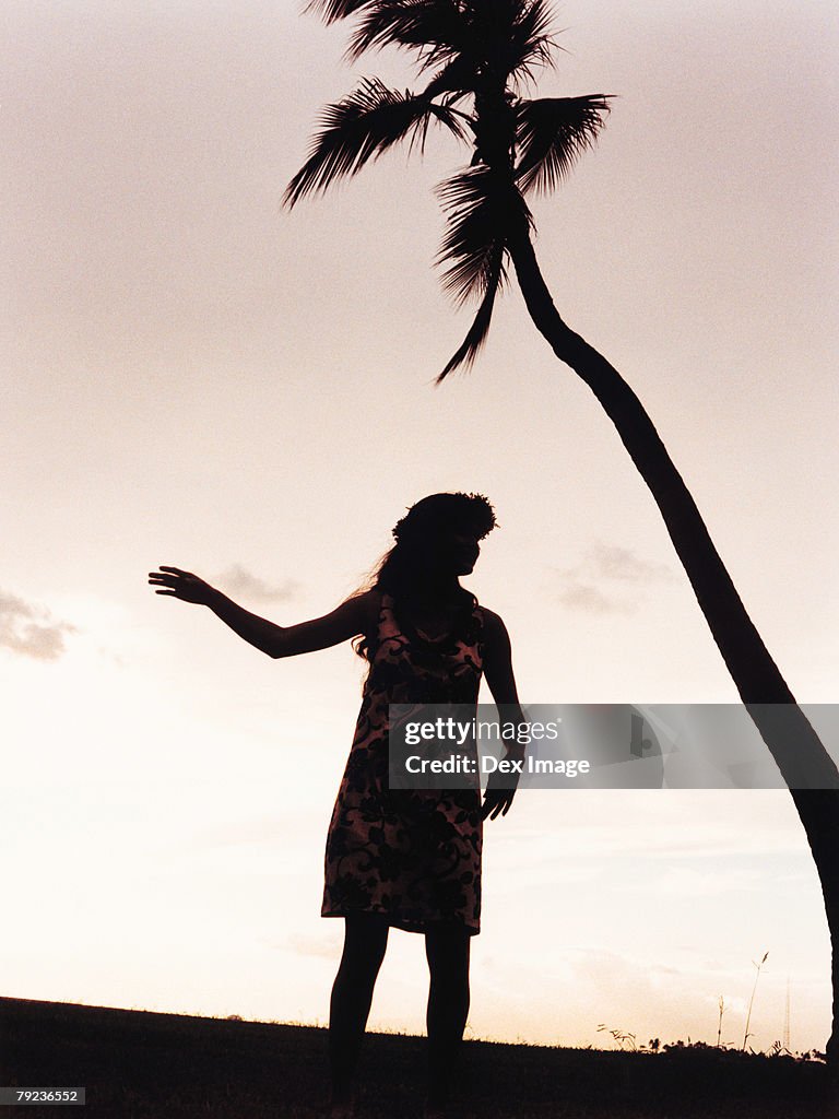Silhouette of a female hula dancing outdoors at sunset.