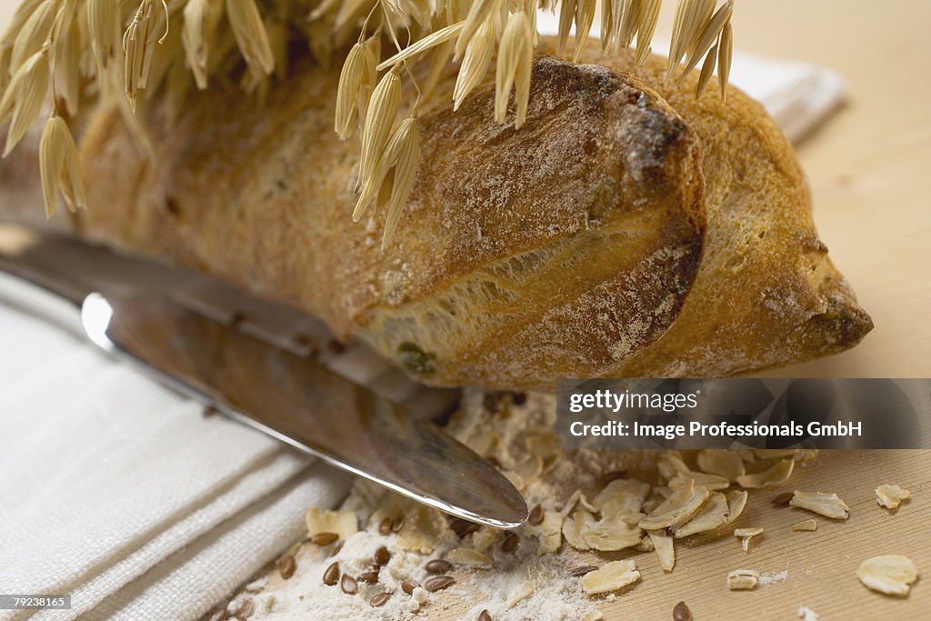 Wholemeal baguette with cereal ears and ingredients