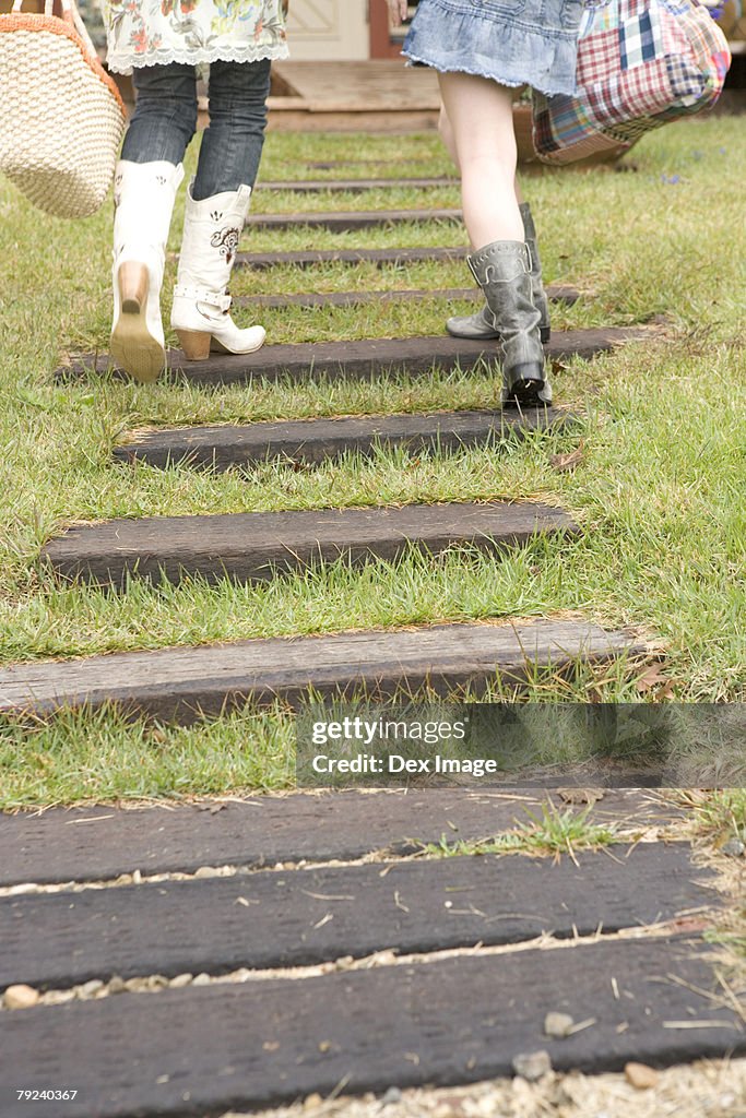 Two women climbing up steps