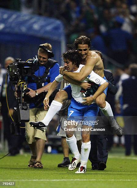 Alessandro Del Piero and Fabio Cannavaro of Italy celebrate after the FIFA World Cup Finals 2002 Group G match between Italy and Mexico played at the...