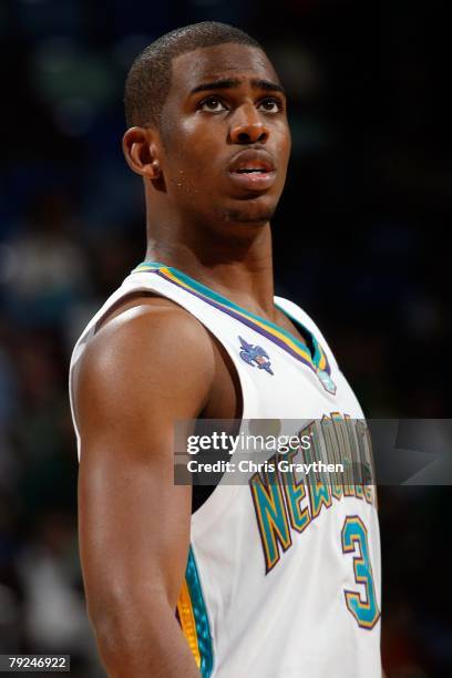 Chris Paul of the New Orleans Hornets looks on against the Portland Trail Blazers on January 23, 2008 at the New Orleans Arena in New Orleans,...