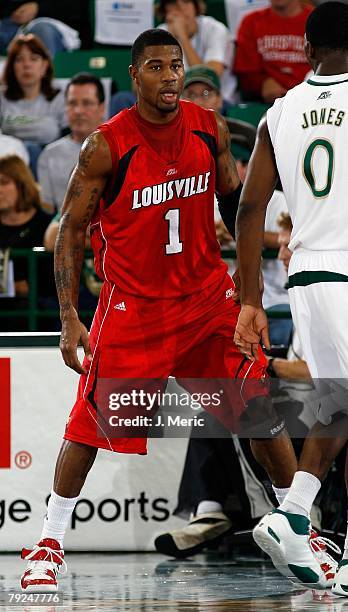 Terrance Williams of the Louisville Cardinals goes on defense against the South Florida Bulls during the game on January 23, 2008 at the Sundome in...