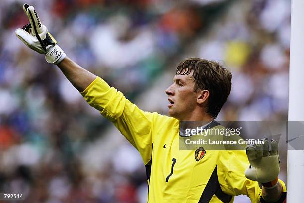 Geert De Vlieger of Belgium in action during the FIFA World Cup Finals 2002 Group H match between Belgium and Tunisia played at the Oita Big Eye...