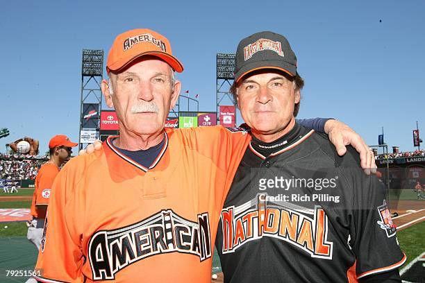 Detroit Tigers' manager, Jim Leyland poses with St. Louis Cardinals manager, Tony La Russa during the GATORADE? All-Star Workout Day at AT&T Park in...