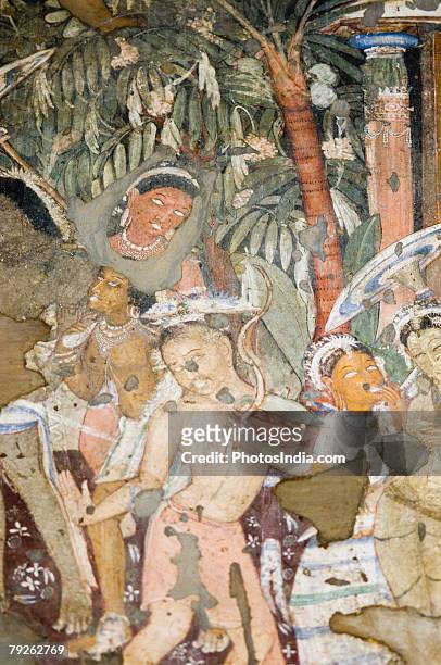 "close-up of a mural in a cave, ajanta, maharashtra, india" - ajanta caves stockfoto's en -beelden