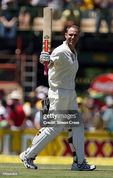 Matthew Hayden of Australia celebrates his century during day three of the Fourth Test between Australia and India at Adelaide Oval January 26, 2008...