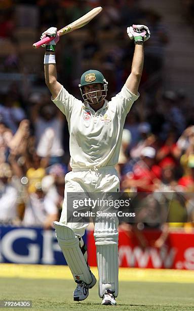 Matthew Hayden of Australia celebrates his century during day three of the Fourth Test between Australia and India at Adelaide Oval January 26, 2008...