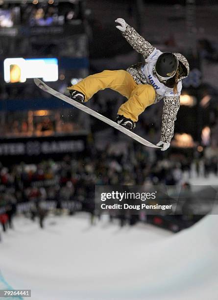 Torah Bright of Cooma, Australia gets airborne as she finished second in the Women's Snowboard Superpipe at the Winter X Games Twelve on Buttermilk...