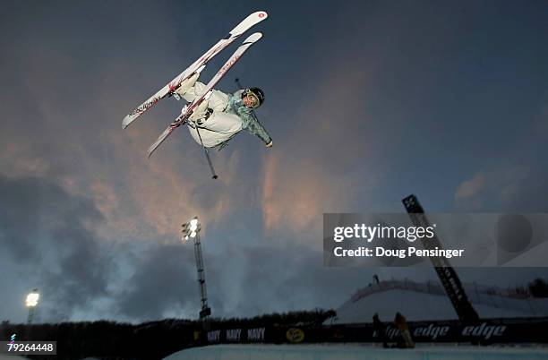 Kristi Leskinen of Uniontown, Pennsylvania takes a practice run before she went on to finish 12th in the Women's Skiing Superpipe at the Winter X...