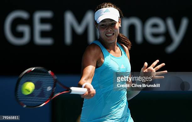 Ana Ivanovic of Serbia plays a forehand during her women's final match against Maria Sharapova of Russia on day thirteen of the Australian Open 2008...