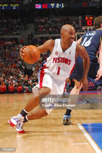 Chauncey Billups of the Detroit Pistons moves the ball during the NBA game against the Memphis Grizzlies at the Palace of Auburn Hills on December...