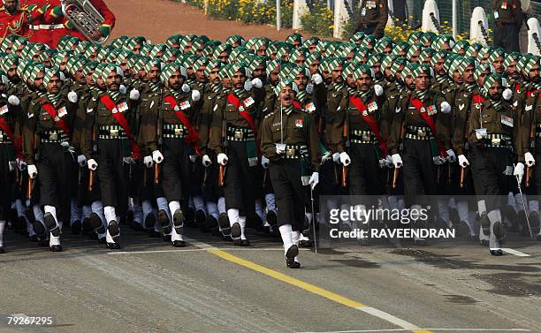Indian army soldiers from the Punjab regiment take part in India's 59th Republic Day parade in New Delhi, 26 January 2008. French President Nicolas...