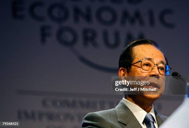 Yasuo Fukuda, Prime Minister of Japan, speaks during the fourth day of the World Economic Forum January 26, 2008 in Davos, Switzerland. Some of the...