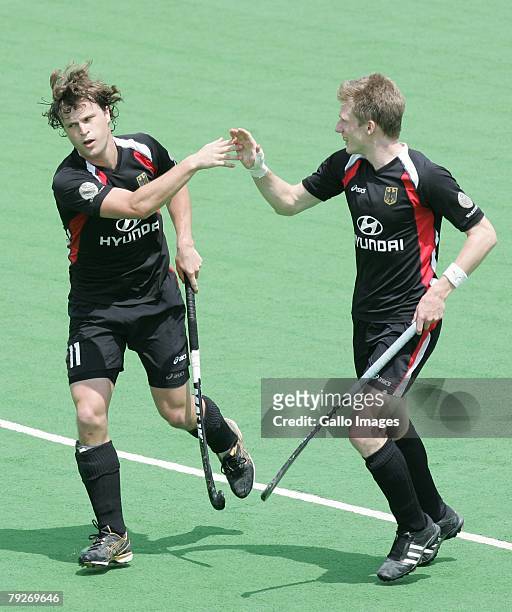 Sebastian Draguhn of Germany celebrates after scoring a goal during the Five Nations Mens Hockey tournament match between Netherlands and Germany at...