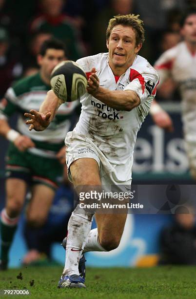 Jonny Wilkinson of Newcastle passes the ball down the line during the Guinness Premiership match between Leicester Tigers and Newcastle Falcons at...