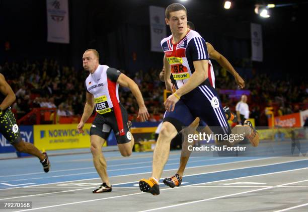Craig Pickering of Great Britain wins the Mens 60 metres during the Norwich Union International Match at Kelvin Hall on January 26, 2008 in Glasgow,...