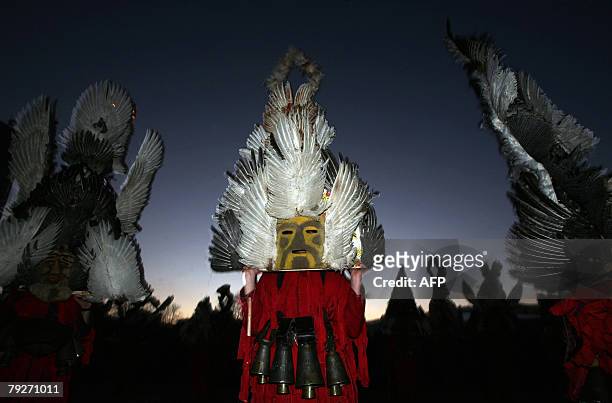 Bulgarian dancers known as a "kukeri" perform a ritual dance during the International Festival of the Masquerade Games in Pernik near Sofia, 26...