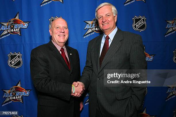 President and CEO Roy Mlakar of the Ottawa Senators shakes hands with CEO Ken Sawyer of the Pittsburgh Penguins during media availabilty as part of...