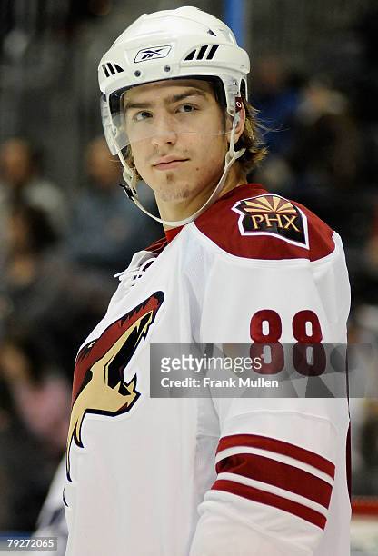 Western Conference Youngstar Peter Mueller of the Phoenix Coyotes practices on the ice during the media availabilty as part of the 2008 NHL All-Star...