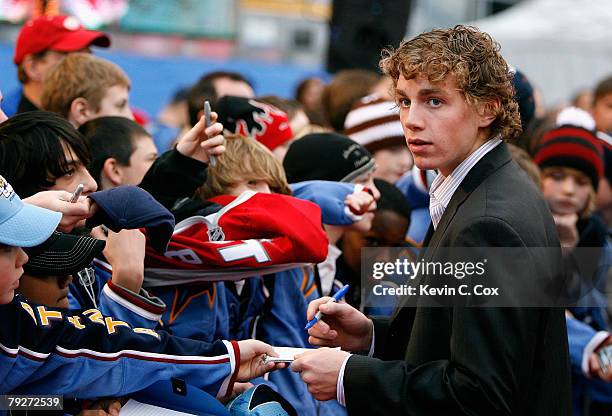 Western Conference Youngstar Patrick Kane of the Chicago Blackhawks arrives to the 2008 NHL All-Star weekend at Philips Arena on January 26, 2008 in...