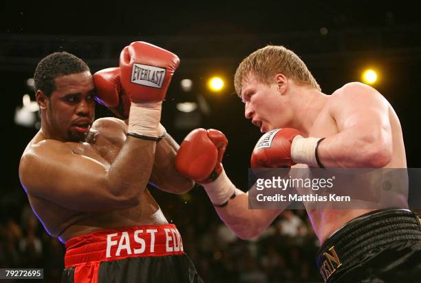 Alexander Povetkin of Russia fights Eddie Chambers of the U.S. During their IBF final eliminator heavyweight match at the Tempodrom on January 26,...