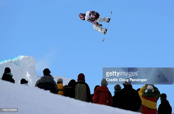Kevin Pearce of Norwich, Vermont soars over the heads of the spectators enroute to a second place finish in the Men's Snowboard Slopestyle at the...