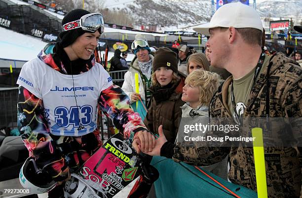 Kevin Pearce of Norwich, Vermont greets the fans after he finished second in the Men's Snowboard Slopestyle at the Winter X Games Twelve at...