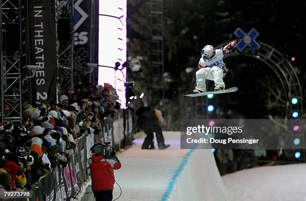 Kevin Pearce of Norwich, Vermont takes his first run in the Men's Snowboard Superpipe Eliminations at the Winter X Games Twelve at Buttermilk...