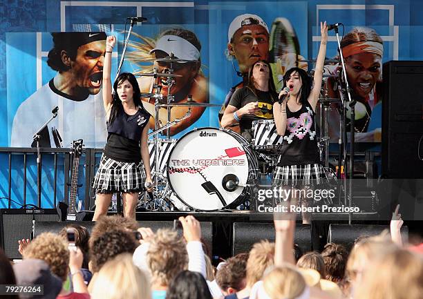 Lisa Marie Origliasso and Jessica Louise Origliasso of The Veronicas perform in Garden Square offcourt on day fourteen of the Australian Open 2008 at...