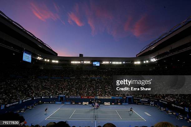 General view of Rod Laver Arena during the men's final match between Novak Djokovic of Serbia and Jo-Wilfried Tsonga of France on day fourteen of the...