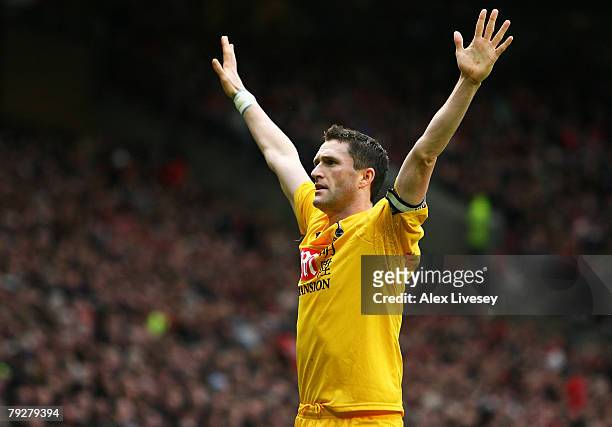 Robbie Keane of Tottenham celebrateshis opening goal uring the FA Cup spnsored by E.ON 4th Round match between Manchester United and Tottenham...
